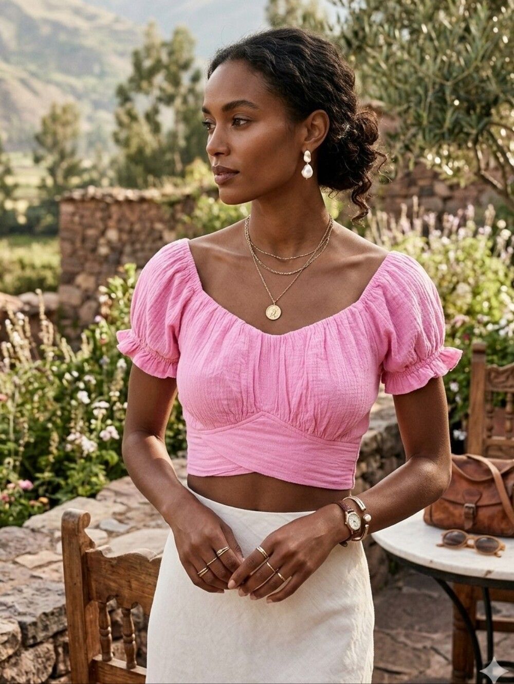 Blanco by Nature Pink 100% Peruvian Cotton Wrap Crop Top Size L